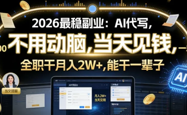 2026最稳副业：AI代写，不用动脑，当天见钱，一单600，全职干月入2W+，能干一辈子