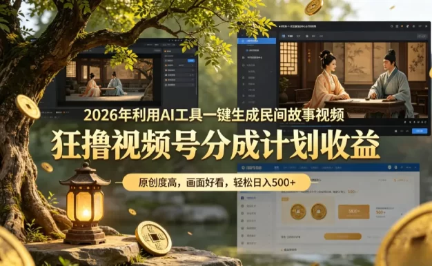 2026年利用AI工具一键生成民间故事视频，狂撸视频号分成计划收益，原创度高，画面好看，轻松日入500+