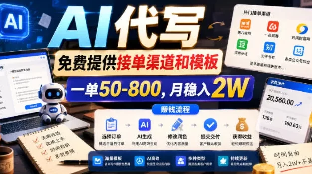 AI代写,免费提供接单渠道和模板,一单50-800,月稳入2W