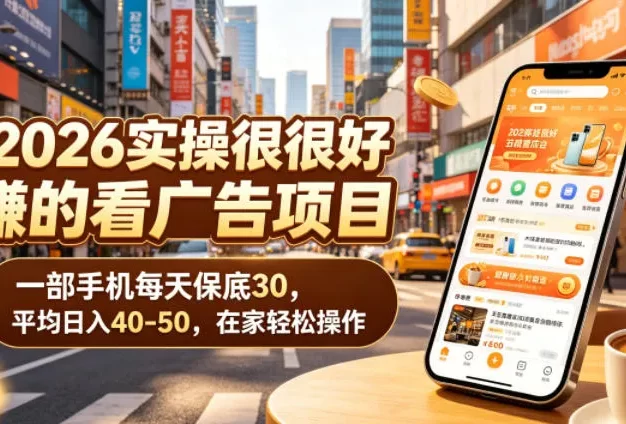 2026实操很好賺的看广告项目,一部手机每天保底30,平均日入40-50,在家轻松操作