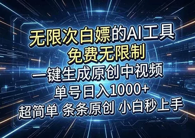 超强大的AI工具,免费无限制,一键生成原创中视频,单号日入1000+,小白秒上手