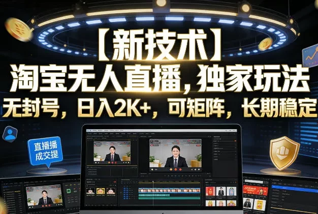 【新技术】淘宝无人直播,独家玩法,无封号,日入2K+,可矩阵,长期稳定