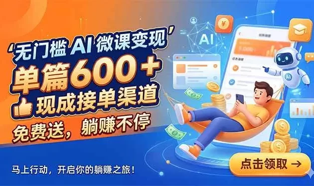 无门槛 AI 微课变现,单篇600 + 现成接单渠道,免费送,躺赚不停