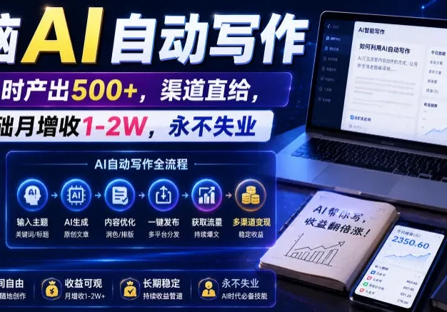 电脑AI自动写作,一小时产出500+,渠道直给,0基础月增收1-2W,永不失业