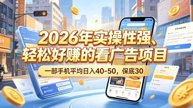 2026年实操性强、轻松好賺的看广告项目,一部手机平均日入40-50,保底30米