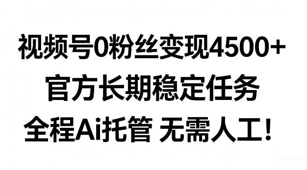 视频号0粉丝月变现4.5k+,官方长期稳定任务,全程Ai托管无需人工