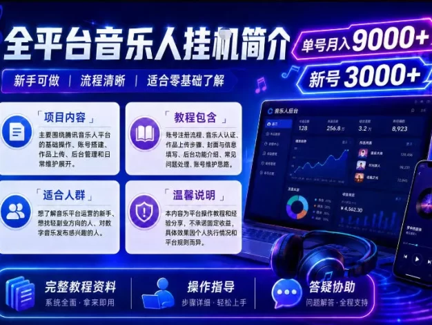 全平台音乐类挂G,单机单号月入9000+,可矩阵,可工作室放大操作