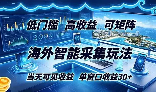 海外智能采集玩法,低门槛高单价可矩阵,当天可见收益,单窗口30+