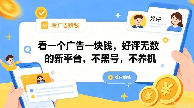 看一个广告一块钱,好评无数的新平台,不黑号,不养机