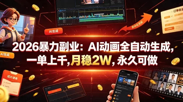 2026暴力副业:AI动画全自动生成,一单上千,月稳2W,永久可做