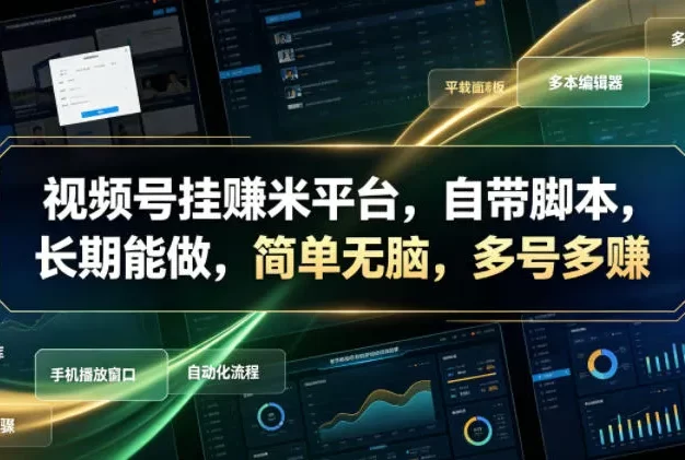 视频号挂賺米平台,自带脚本,长期能做,简单无脑,多号多賺