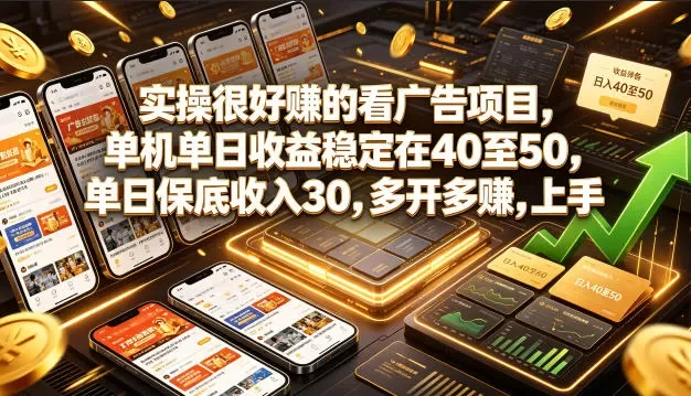 实操很好賺的看广告项目,单机单日收益稳定在40至50,单日保底收入30,多开多賺,上手就能变现