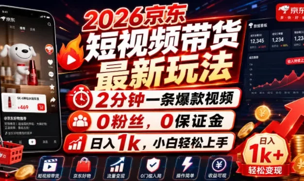 2026京东短视频带货最新玩法，2分钟一条爆款视频，0粉丝，0保证金，日入1k，小白轻松上手
