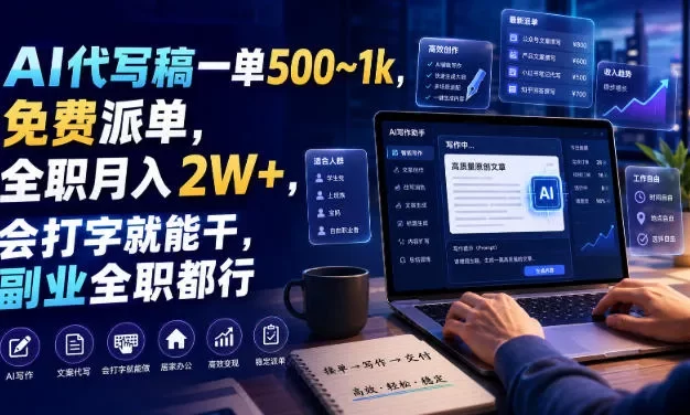 AI代写稿一单500~1k,免费派单,全职月入2W+,会打字就能干,副业全职都行