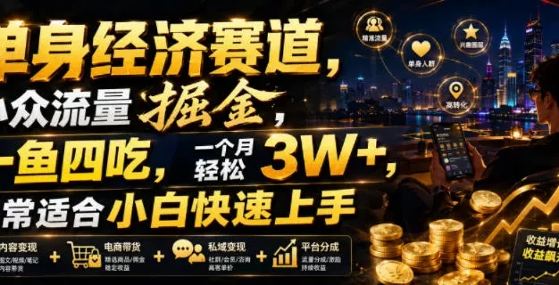 单身经济赛道,小众流量掘金,一鱼四吃,一个月轻松3W+,非常适合小白快速上手