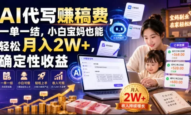 AI代写賺稿费,一单一结,小白宝妈也能轻松月入2W+,确定性收益