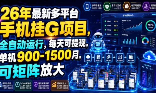 26年最新多平台手机挂G项目,全自动运行,每天可提现,单机900-1500月,可矩阵放大