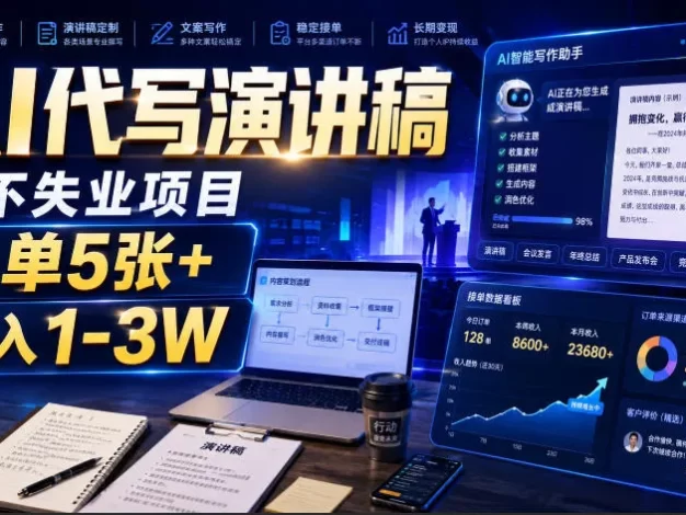 AI代写演讲稿,永不失业项目,一单5张+,月入1-3W