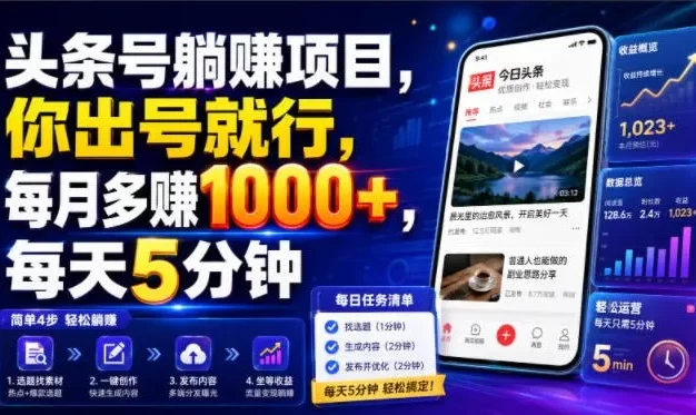 头条号躺賺项目,你出号就行,每月多賺1000+,每天5分钟,坐等分米