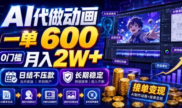 AI代做动画,一单600,0门槛月入2W+,日结不压款,长期稳定
