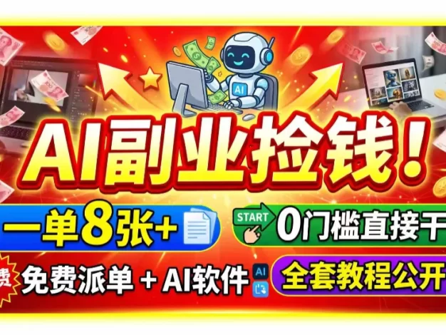 AI副业捡钱！一单8张+，免费派单+AI软件，0门槛直接干，全套教程公开