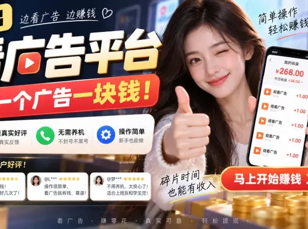 新出看广告平台,看一个广告一块钱,大量真实好评!无需养机、不会黑号,操作简单