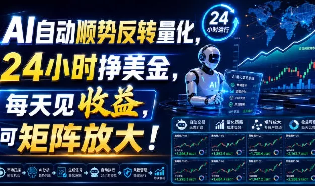 AI自动顺势反转量化，24小时挣美金，每天见收益，可矩阵放大！