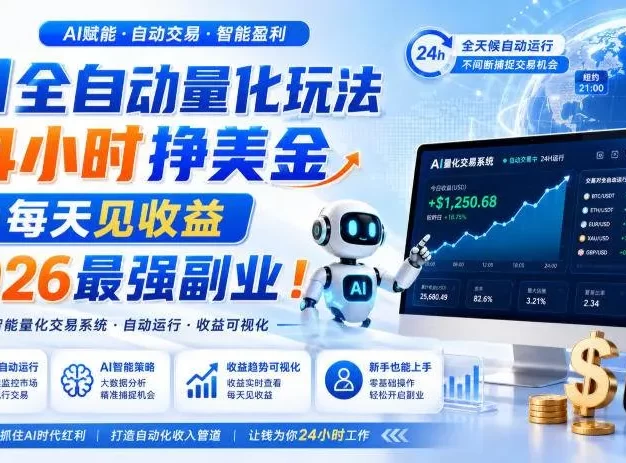 AI量化全自动操作挣美金，矩阵可日入1000+，适合普通人的副业！