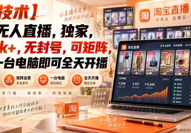 【独家新技术】淘宝无人直播,日入1k+,无封号,可矩阵,只要一台电脑即可全天开播