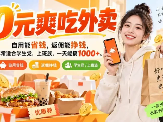 0元爽吃外卖,自用能省钱,返佣能挣钱,非常适合学生党,上班族,一天能搞1000+
