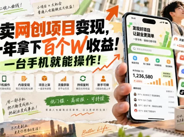 靠卖网创项目变现,一年拿下百个W收益!一台手机就能操作!