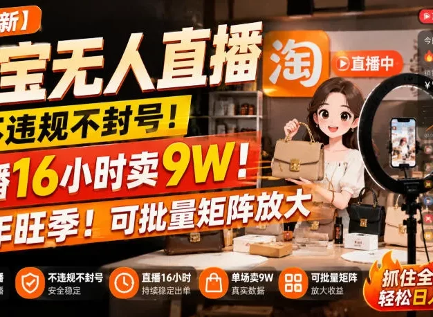 【最新】淘宝无人直播,不违规不封号,直播16小时卖9W,全年旺季!可批量矩阵放大