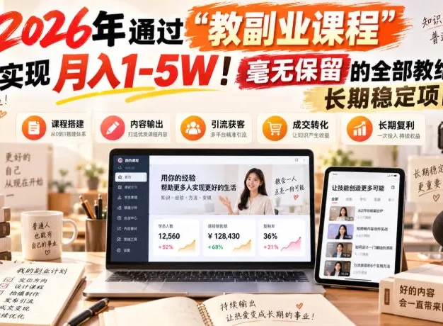 2026年通过“教副业课程”实现月入1-5W!毫无保留的全部教给你!长期稳定项目