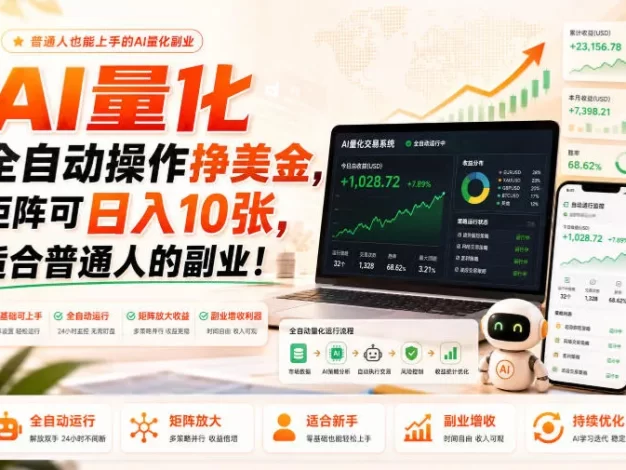AI量化全自动操作挣美金，矩阵可日入10张，适合普通人的副业！