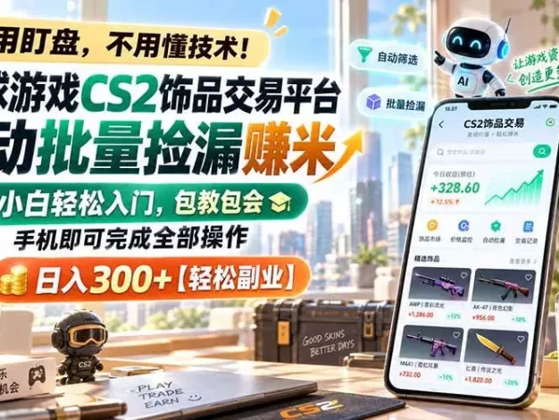 全球游戏CS2饰品交易平台自动批量捡漏赚米,小白轻松入门,包教包会,手机即可完成全部操作,日入300+【轻松副业】