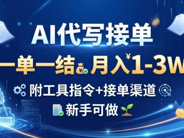 AI代写接单,一单一结,月入1-3W,附工具指令+接单渠道,新手可做