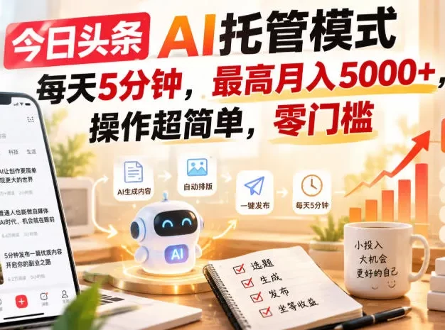 今日头条AI托管模式,每天5分钟,最高月入5000+,操作超简单,零门槛
