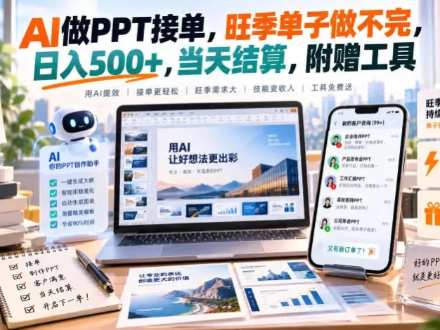 AI做PPT接单,旺季单子做不完,日入500+,当天结算,附赠工具