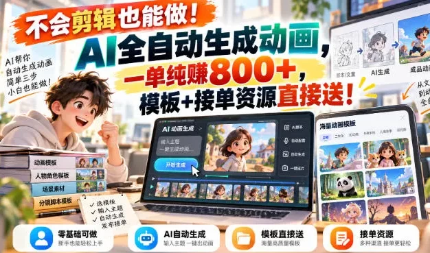 不会剪辑也能做!AI全自动生成动画,一单纯賺800+,模板+接单资源直接送!