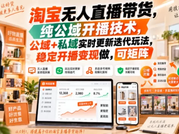 淘宝无人直播带货,纯公域开播技术,公域+私域实时更新迭代玩法,稳定开播变现做,可矩阵