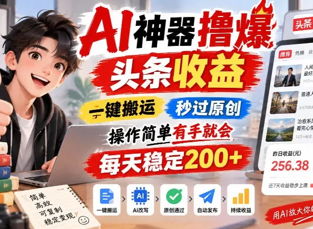 AI神器撸爆头条收益,一键搬运,秒过原创,操作简单有手就会,每天稳定200+