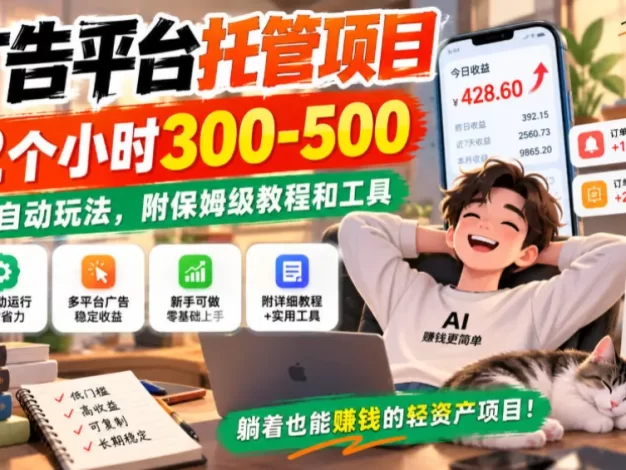 广告平台托管项目,2个小时300-500,全自动玩法,附保姆级教程和工具,小白照着就能做