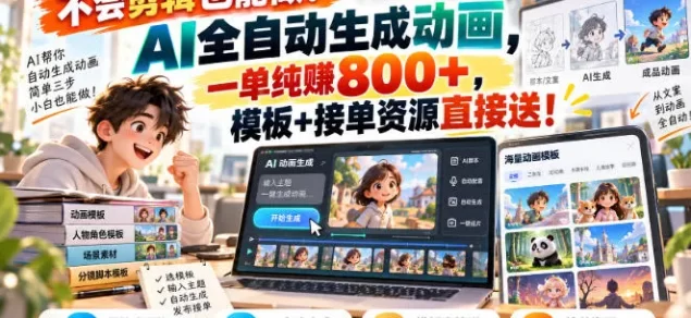 不会剪辑也能做!AI全自动生成动画,一单纯賺800+,模板+接单资源直接送!