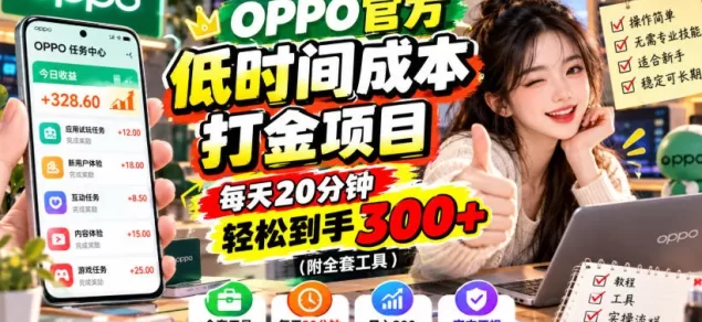 OPPO官方低时间成本打金项目,每天20分钟,轻松到手300+(附全套工具)