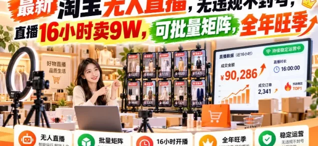 最新淘宝无人直播,无违规不封号,直播16小时卖9W,可批量矩阵,全年旺季